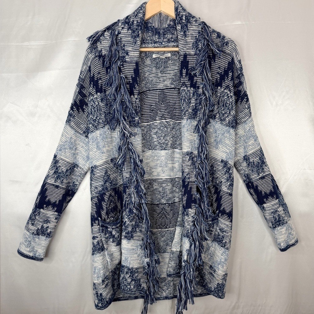 American Eagle Aztec Knit Open Front Cardigan Fringe Blue Size Large